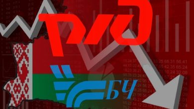 Логотипы РЖД и БЧ на фоне контура Беларуси в цветах флага и графика падения