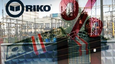 Коллаж: логотип Riko, знак процента, купюры и здание
