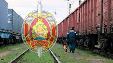 Эмблема МВД на фоне путей, кинолог с собакой у полувагонов