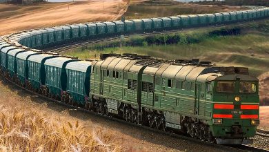 Двухсекционный тепловоз с составом вагонов-хопперов на перегоне среди полей