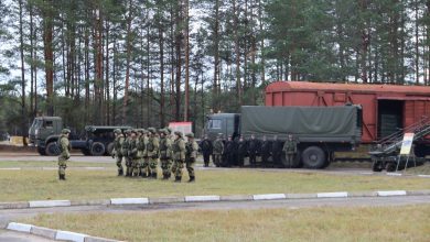 Строй военнослужащих у армейских грузовиков и крытых вагонов