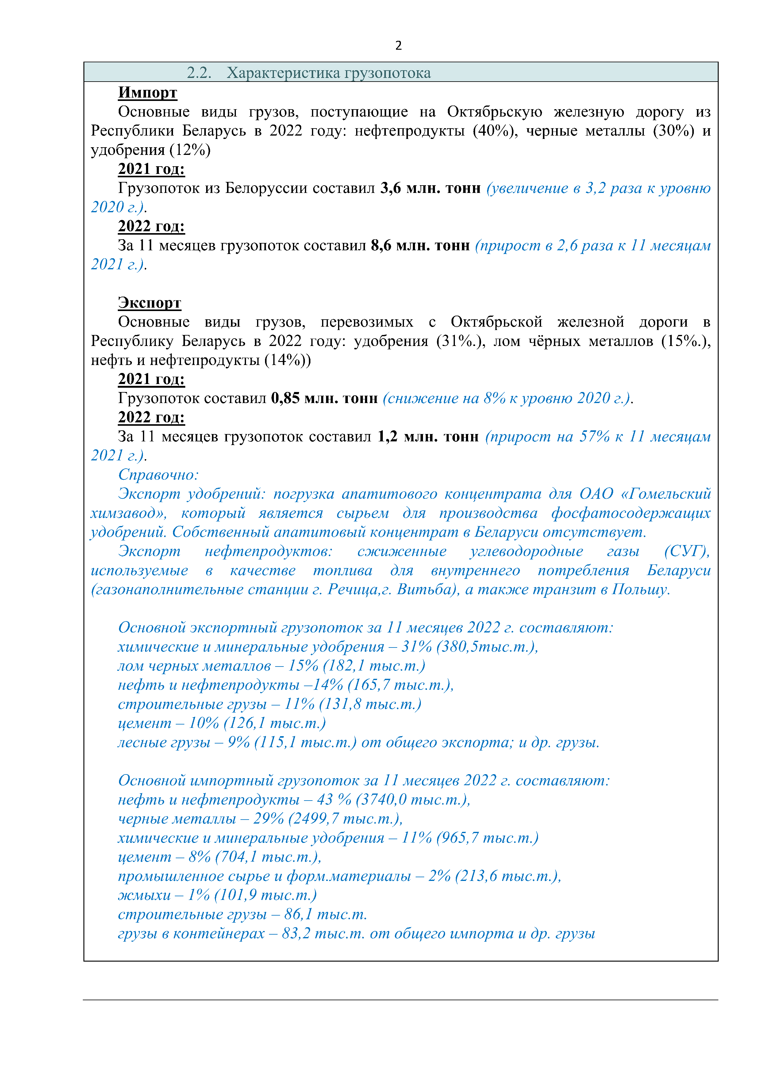 Справочная информация о взаимодействии ОАО «РЖД» с Республикой Беларусь, лист 2