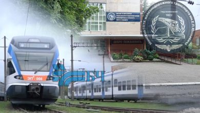 Коллаж: электропоезд Stadler, логотип БЧ и здание учебного заведения с эмблемой