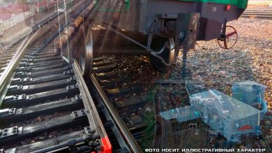 Рельсовый путь с тормозным башмаком и сошедшая с рельсов колёсная пара, надпись «Фото носит иллюстративный характер»