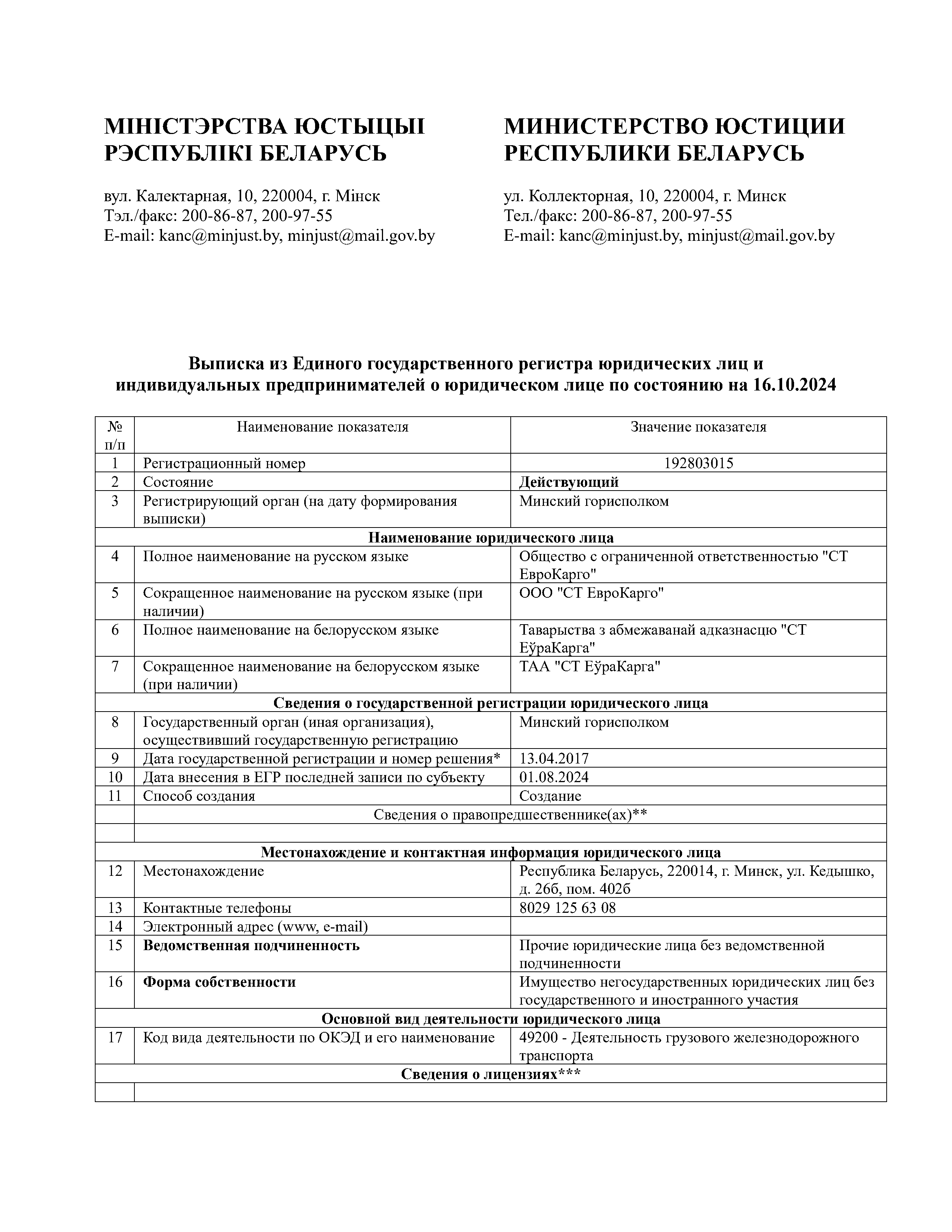 Выписка из Единого государственного регистра юридических лиц ООО «СТ ЕвроКарго», лист 1