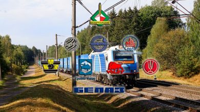 Электровоз с грузовым составом на перегоне, логотипы белорусских предприятий-грузоотправителей, в том числе БелАЗ