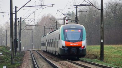 Электропоезд Stadler на перегоне под контактной сетью