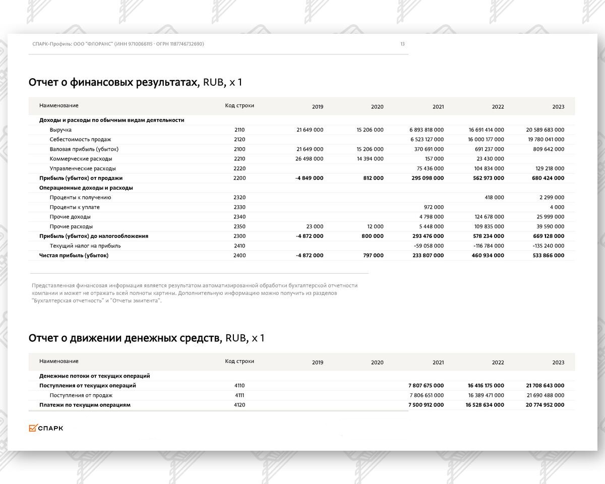 Выписка из СПАРК-Интерфакс (финансовые показатели) по компании ООО «ФЛОРАНС», лист 6