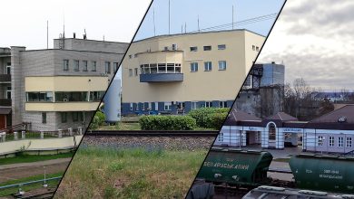 Коллаж: три станционных здания и цистерны на путях
