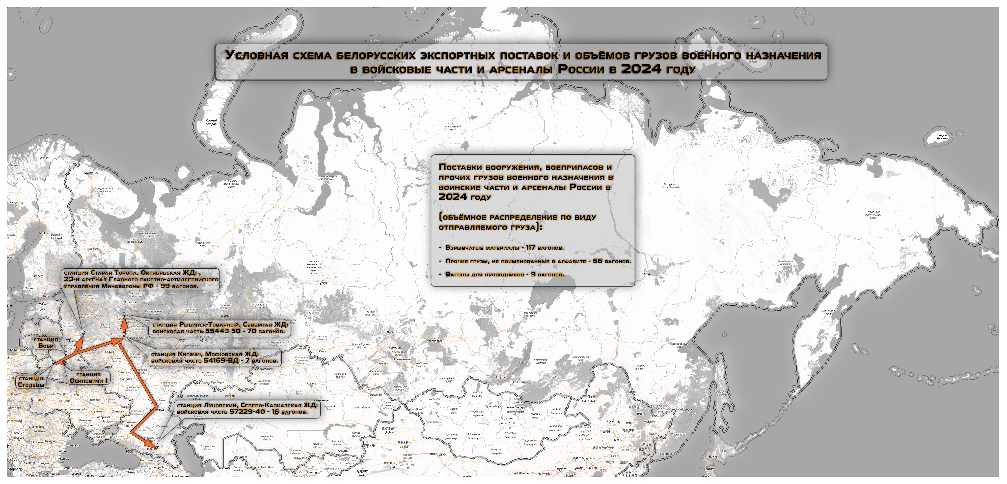 Условная схема белорусских экспортных поставок и объёмов грузов военного назначения в войсковые части и арсеналы России в…