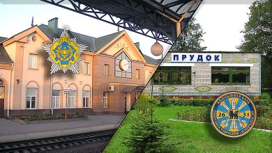 Коллаж: здание вокзала и станция Прудок, эмблемы военно-воздушных сил и воинской части