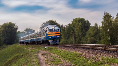 Дизель-поезд на перегоне среди леса