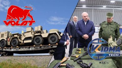 Коллаж: военная техника на платформах с логотипом «Волат», осмотр образцов вооружения, логотип Kidma Tech