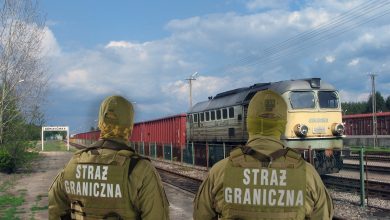 Двое пограничников с надписью Straż Graniczna на спинах у путей с тепловозом и грузовым составом