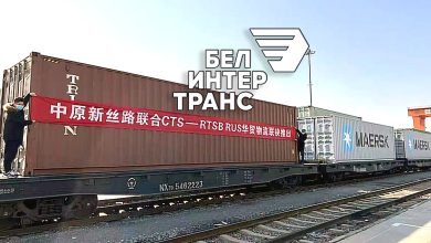 Контейнеры CTS на платформах в составе поезда, логотип «Белинтертранс»