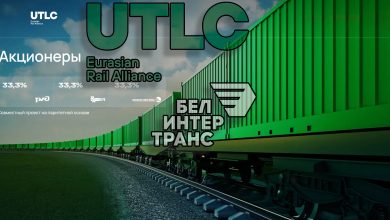 Слайд с долями акционеров: логотипы UTLC Eurasian Rail Alliance и «Белинтертранс» на фоне зелёных контейнеров