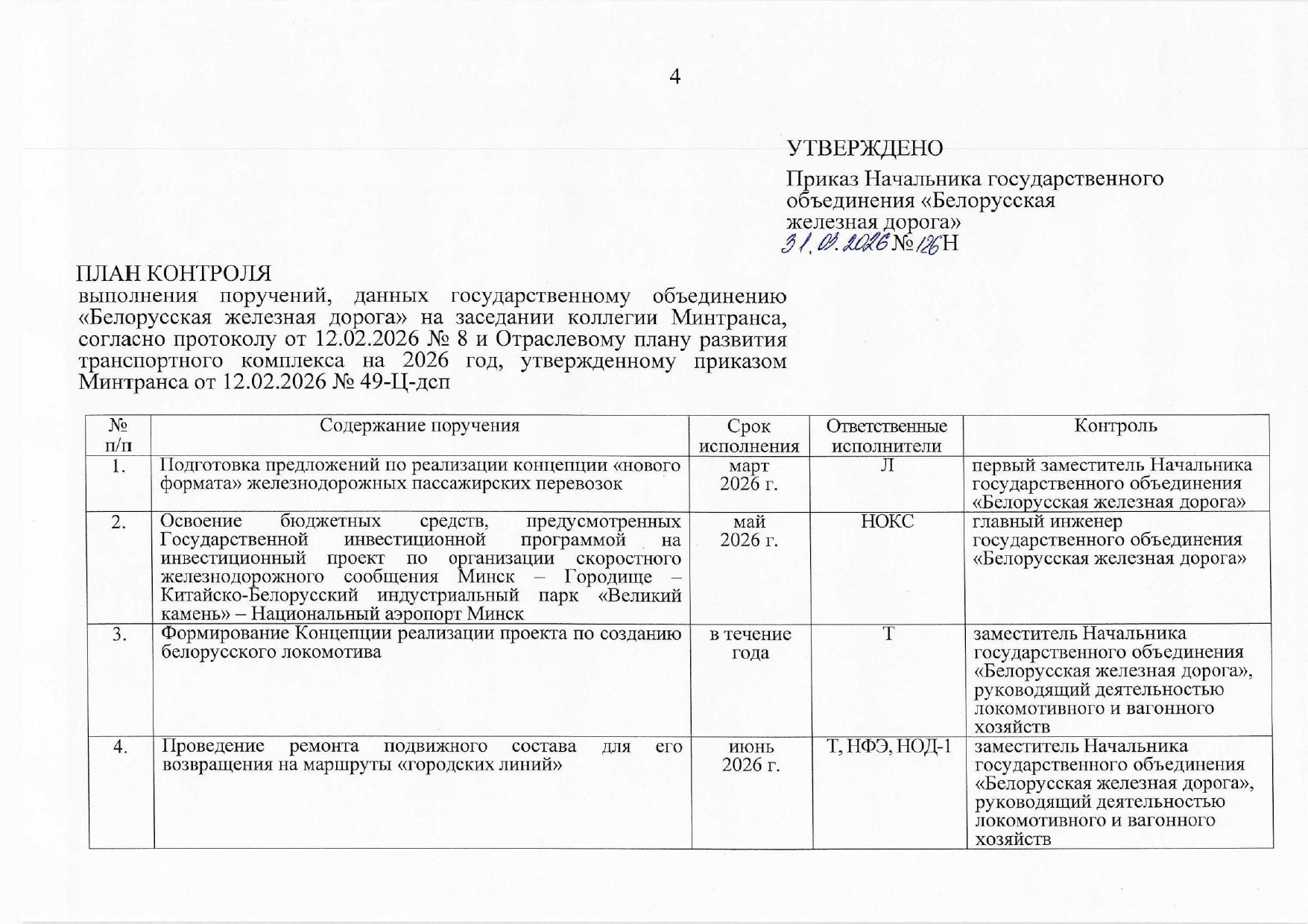 План контроля выполнения поручений, данных БЖД, лист 1