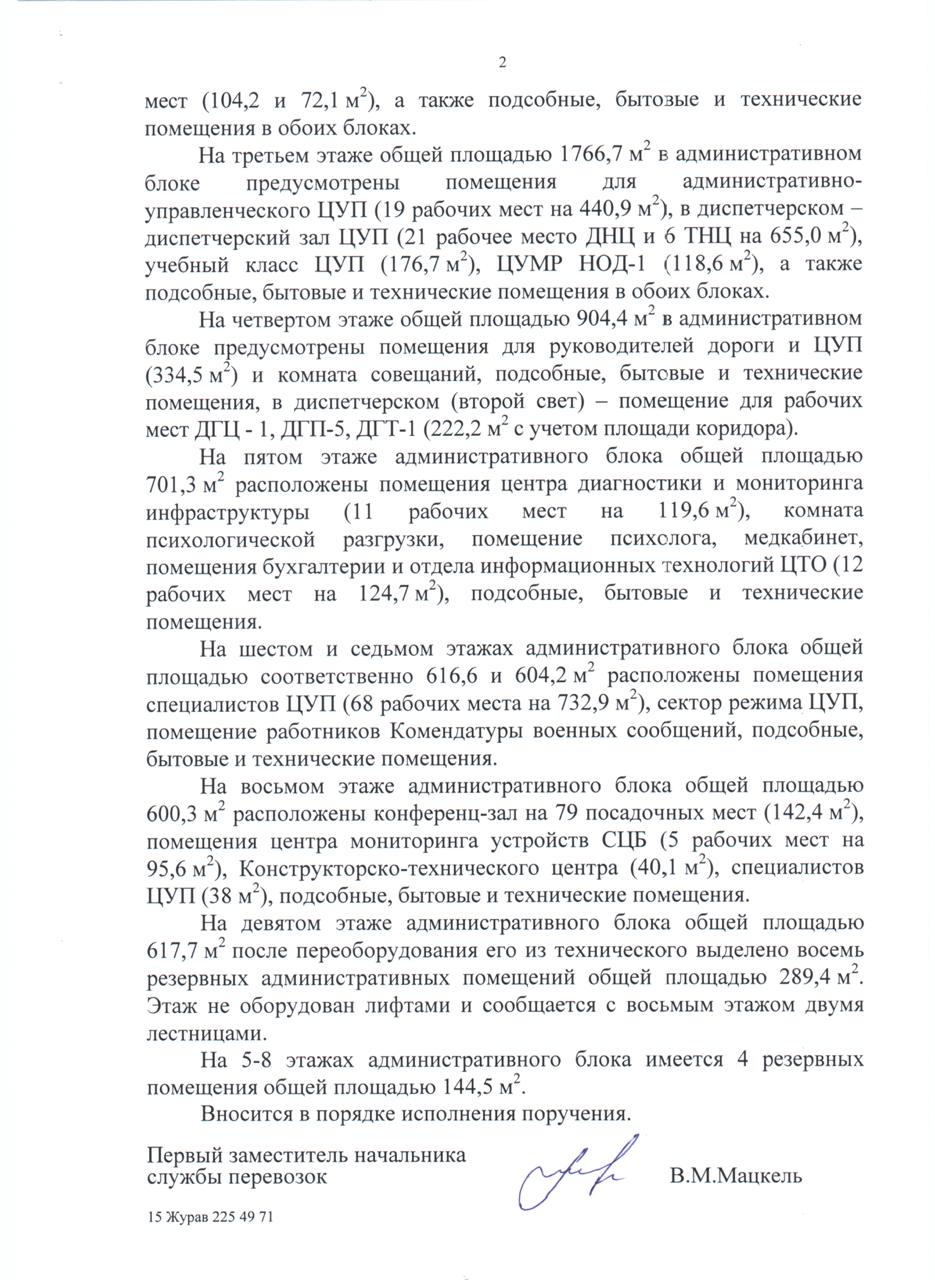 Докладная записка службы перевозок БЖД о размещении подразделений в здании ЦУП на этапе подготовки его к эксплуатации, лист 2