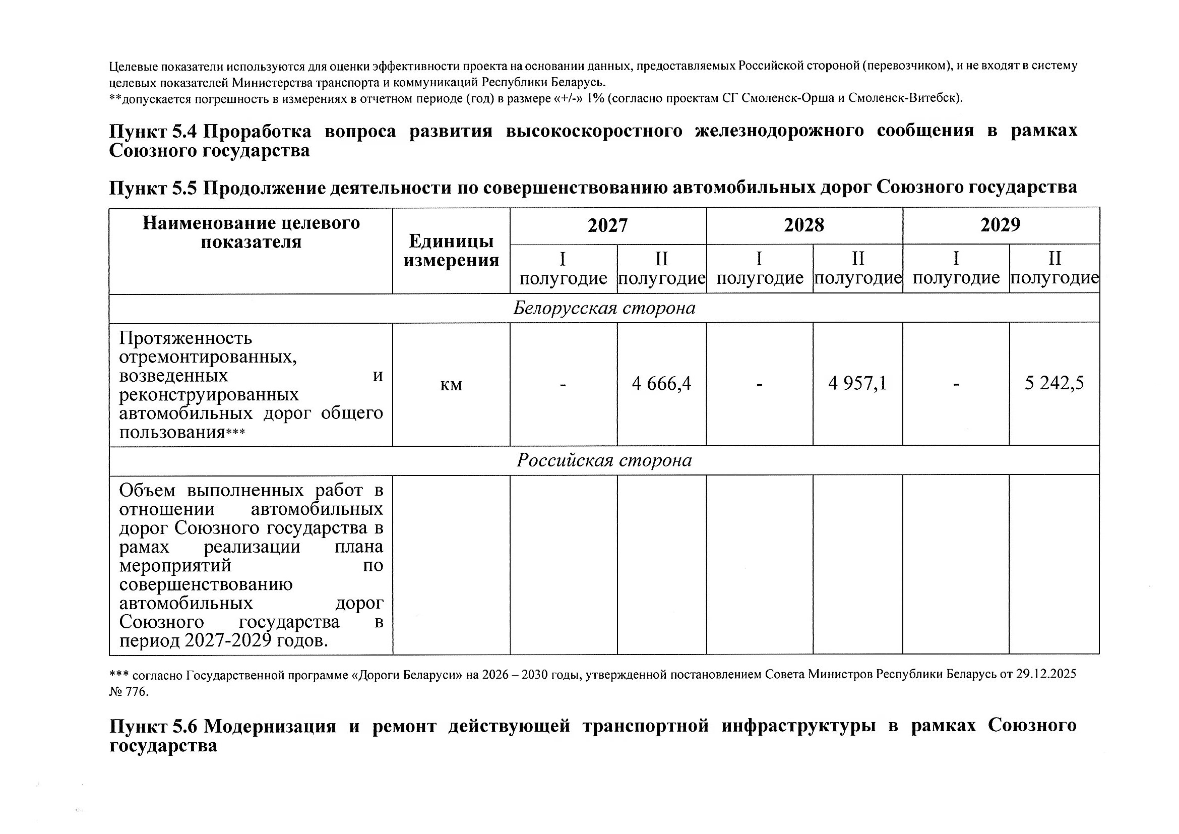 План мероприятий по разделу 5 «Транспорт» Союзного государства на 2027–2029 годы, предложения российской стороны, июль 2026, лист 4