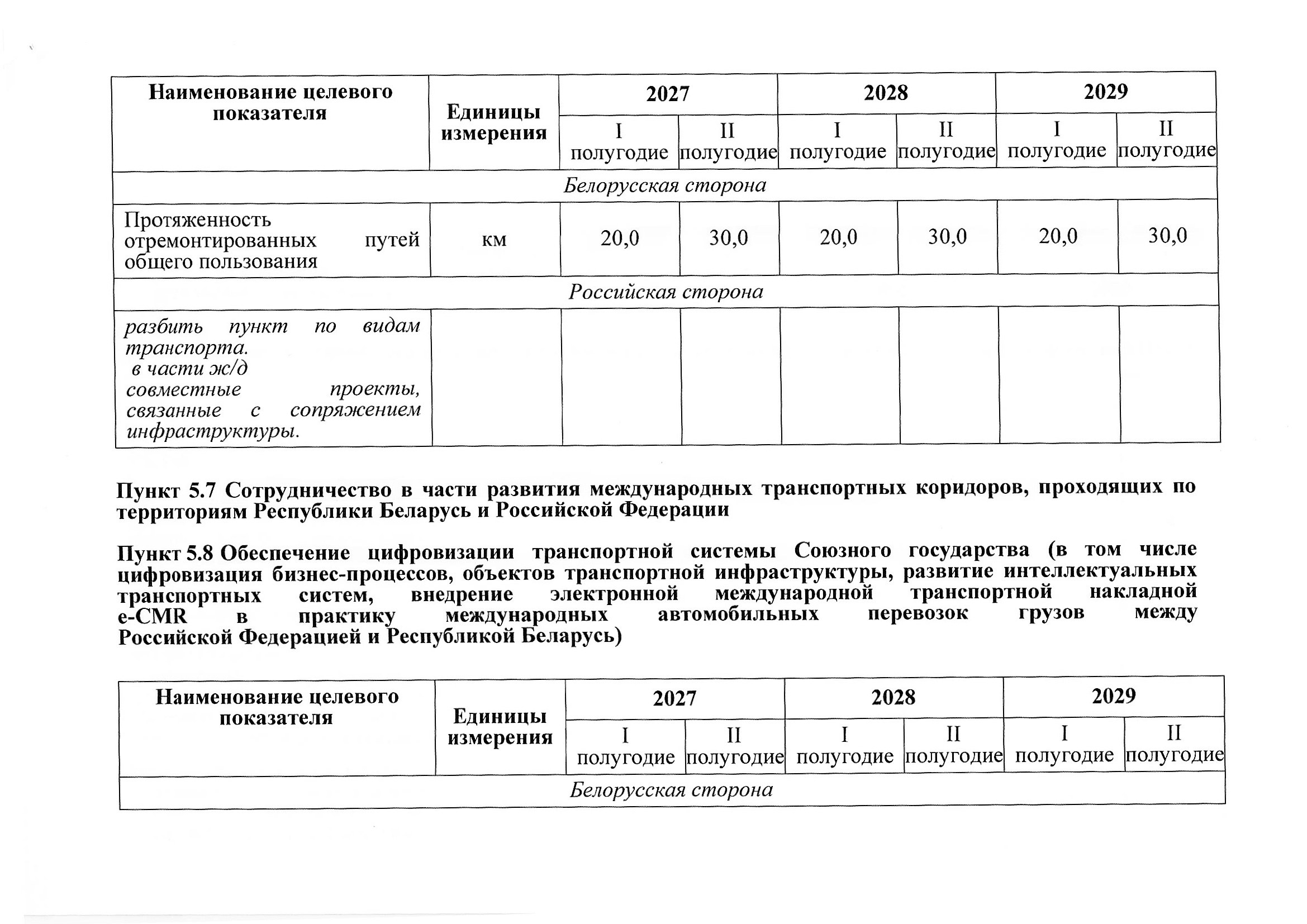 План мероприятий по разделу 5 «Транспорт» Союзного государства на 2027–2029 годы, предложения российской стороны, июль 2026, лист 5