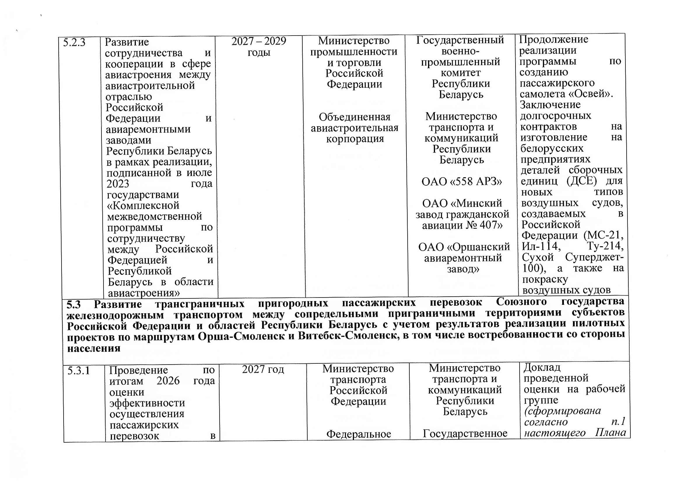 План мероприятий по разделу 5 «Транспорт» Союзного государства на 2027–2029 годы, предложения российской стороны, июль 2026, лист 11
