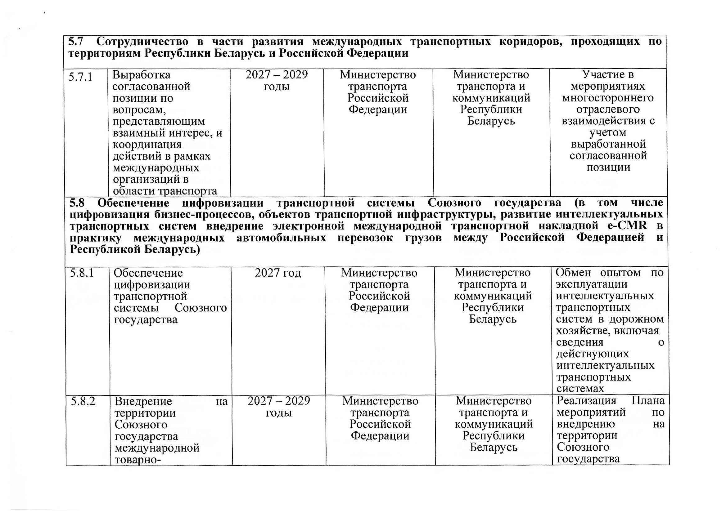План мероприятий по разделу 5 «Транспорт» Союзного государства на 2027–2029 годы, предложения российской стороны, июль 2026, лист 15